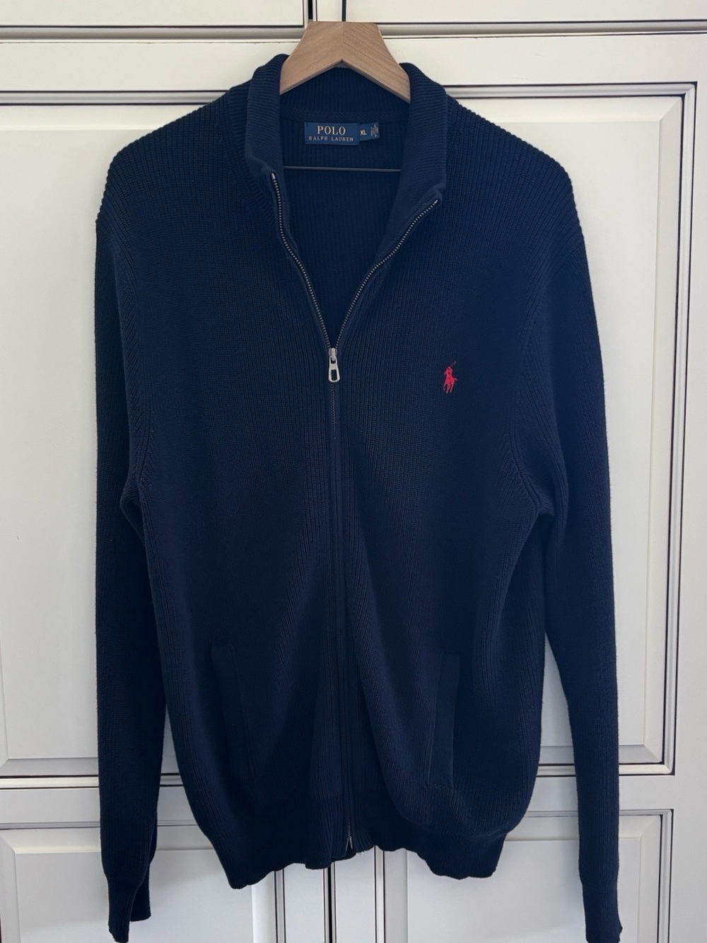 Polo‎ Ralph Lauren 100% Cotton Knit Cardigan Sweater Full Zip Navy Blue Mens XL